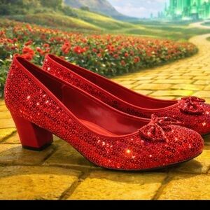 Red Glitter Pumps Sequin Bow Heels Ruby Slipper Style Costume Party Shoes